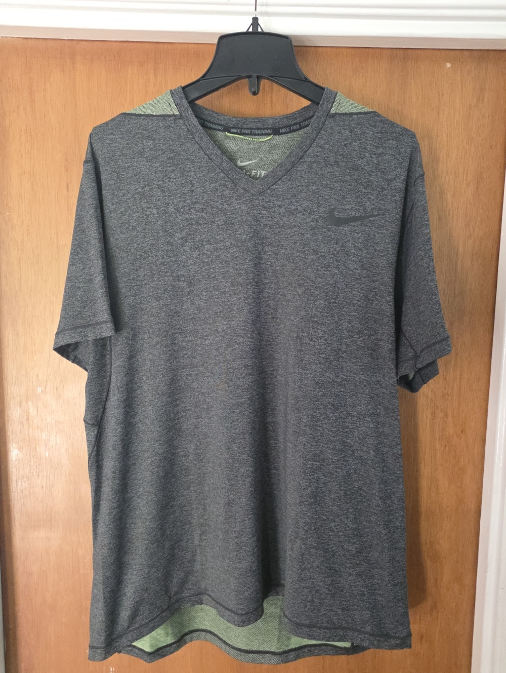 Nike Men’s Gray V-Neck Dri-FIT Shirt Green Accents Volt Pro Training Ultimate XL